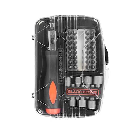 A BLACK+DECKER screwdriver and bit set in a transparent plastic case, containing a screwdriver handle, multiple bits, and socket attachments.