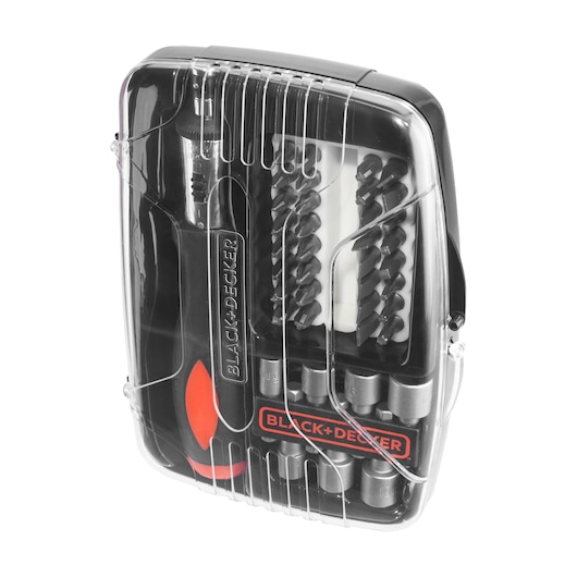 BLACK+DECKER tool set in a transparent plastic case containing a screwdriver handle, drill bits, and various screwdriver bits.