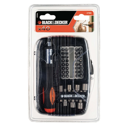 BLACK+DECKER A7062 screwdriving and bit set in retail packaging, containing 40 pieces including a screwdriver handle, various bits, and sockets.