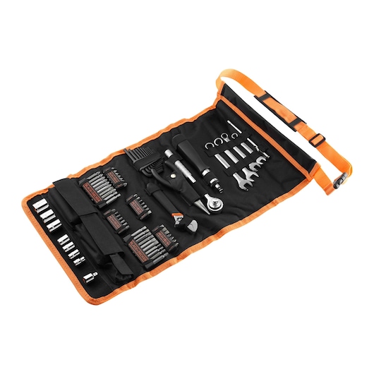 Roll-up tool kit featuring various hand tools, including wrenches, sockets, screwdrivers, and bits, organized in a black pouch with orange trim and strap.