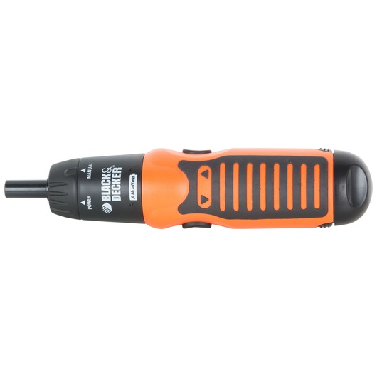 A BLACK+DECKER branded orange and black electric screwdriver with a power/manual switch and ergonomic grip, shown in a side view.