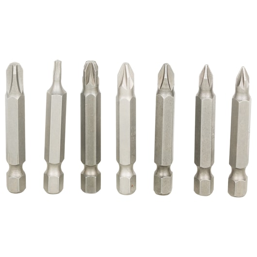 A set of seven metallic screwdriver bits with various tip shapes, arranged in a row on a white background.
