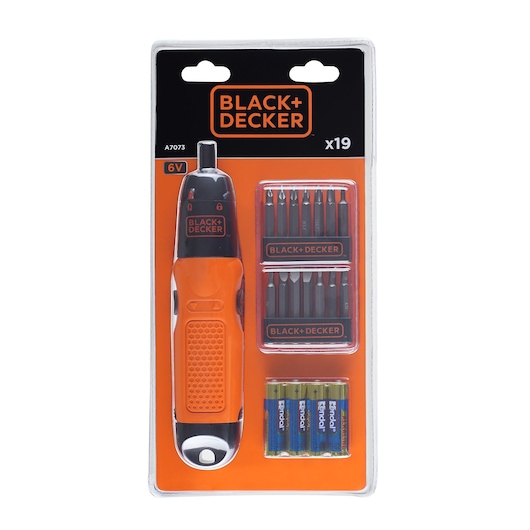 Photo of BLACK+DECKER A7073 cordless screwdriver kit with orange and black handle, 19 bits, and four AA batteries in package, front view.
