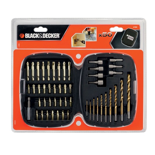 BLACK+DECKER A7093 drill and screwdriver bit set, 50-piece kit in plastic case, front angle on white background.
