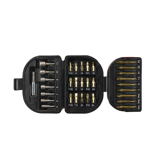 BLACK+DECKER drill and screwdriver bit set in a black plastic case with multiple compartments, shown open to display various bits organized inside.