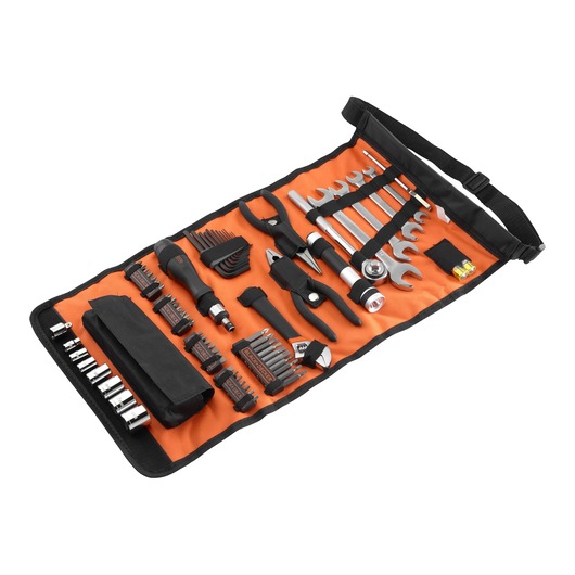 BLACKDECKER A7144 tool set with wrenches, pliers, screwdriver and bits in orange roll-up pouch, angled view.