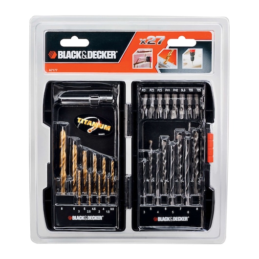 Photo of BLACK+DECKER A7177 27-piece drill and screwdriver bit set, titanium and metal bits, in clear plastic case, front angle.