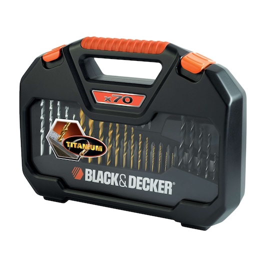 BLACK+DECKER A7184 70-piece titanium drill bit set in black and orange hard case, front angle on white background.