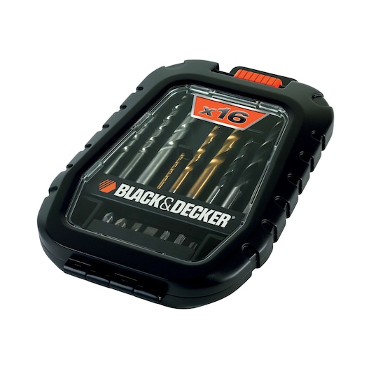BLACKDECKER A7186 photography of drill bit set in black plastic case, front angle, 16 pieces visible.