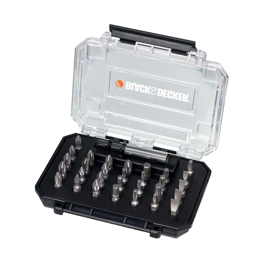 A BLACK+DECKER branded clear plastic case containing a set of assorted screwdriver bits arranged in rows.