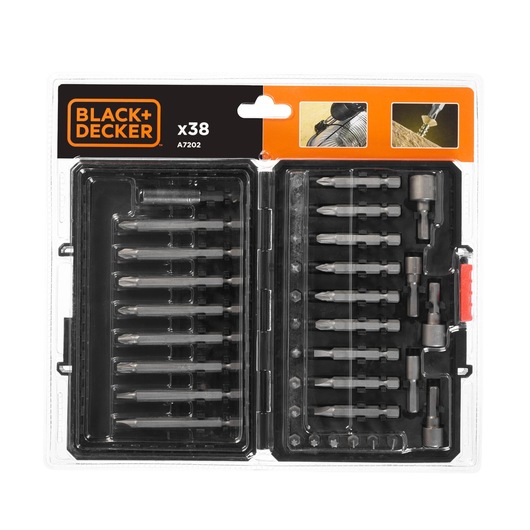 BLACK+DECKER A7202 38-piece screwdriver bit set in black plastic case, photo of contents on white background, top view.