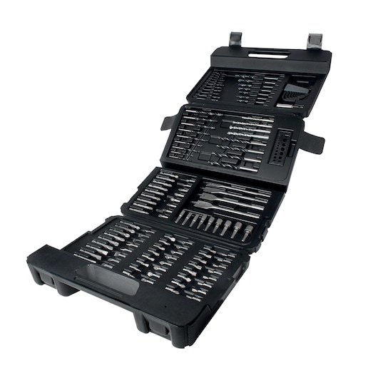 A BLACK+DECKER multi-piece drill and screwdriver bit set in a fold-out black storage case, displaying various drill bits, screwdriver bits, and accessories organized in compartments.
