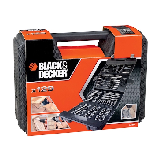 BLACK+DECKER tool set A7211 in a black and orange carrying case, with 129 pieces including drill bits and accessories, shown open displaying its contents. The packaging features images of the tools in use.