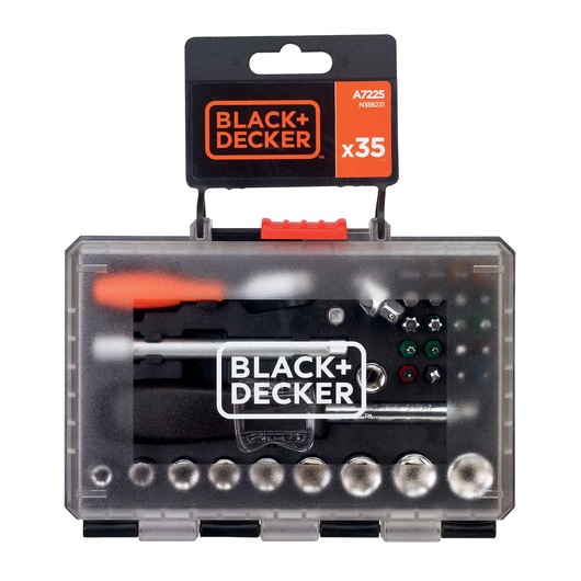 BLACK+DECKER A7225 screwdriver and bit set, 35 pieces, in transparent plastic case, front angle.