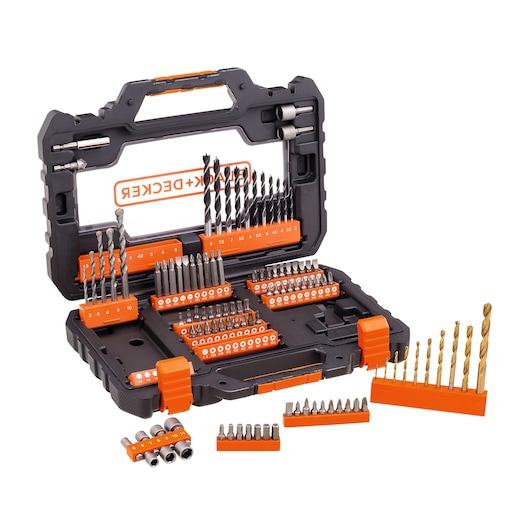 BLACK+DECKER A7230-XJ drill and screwdriver bit set in open black and orange case, various bits and accessories shown, front angle.