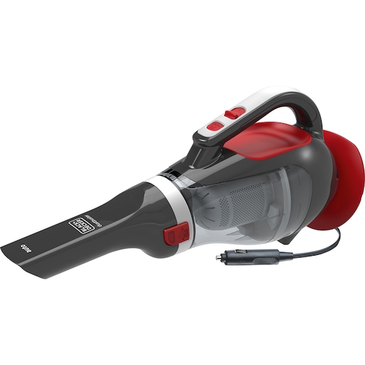 BLACKDECKER ADV1200 handheld car vacuum, black and red, side angle, visible cord and nozzle.