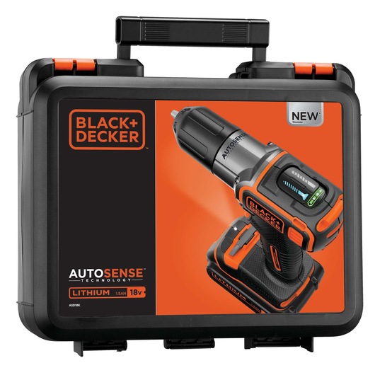 BLACK+DECKER ASD18K cordless drill case with orange and black design, product photo on front, front angle.