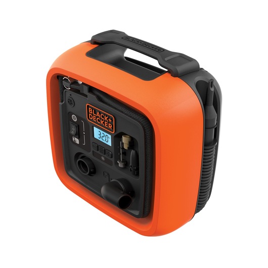 BLACK+DECKER ASI400 portable air compressor in orange, digital display, angled on white background.