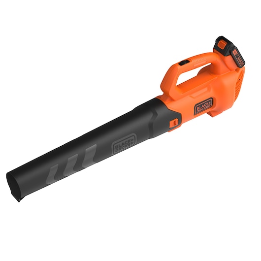 A BLACK+DECKER cordless leaf blower with an orange and black design, showing its handle, battery compartment, and nozzle.
