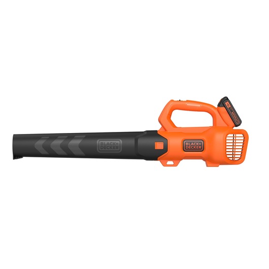 A BLACK+DECKER cordless leaf blower with an orange and black design, featuring a handle and battery compartment.