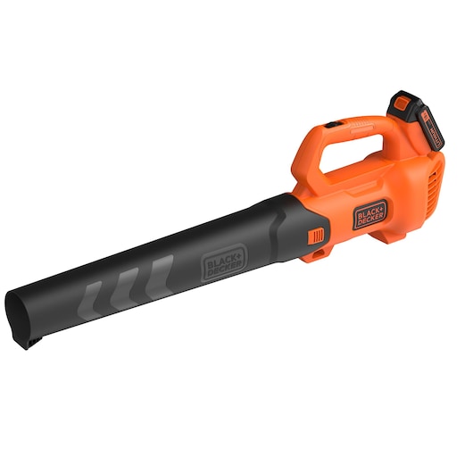 A BLACK+DECKER cordless leaf blower, orange and black in color, with a handle and a battery pack attached at the back.