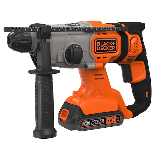 A BLACK+DECKER cordless rotary hammer drill with an 18V lithium battery, featuring an orange and black design, side handle, and depth gauge.