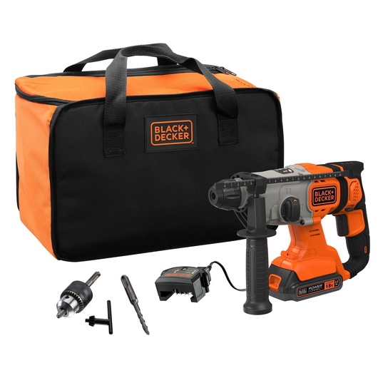 BLACK+DECKER BCD900D1S cordless rotary hammer drill with orange and black carrying bag, charger, drill bit, and chuck adapter, front angle.