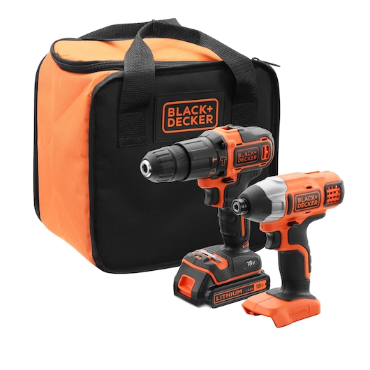 BLACK+DECKER cordless drill and impact driver kit, including two orange and black power tools and a matching carrying bag.