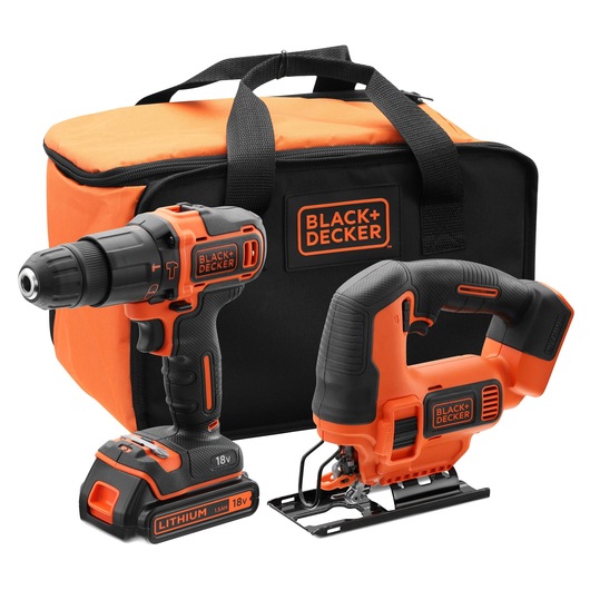 BLACK+DECKER BCK22S1S cordless drill and jigsaw set with orange-black tool bag, front angle on white background.