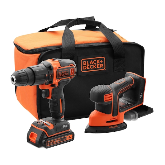 BLACK+DECKER 18V cordless tool set including a drill, a mouse sander, and an orange and black carrying bag.