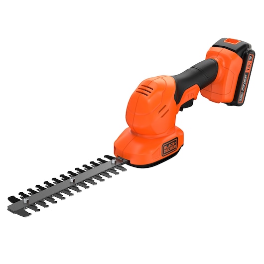 A BLACK+DECKER cordless orange and black handheld shrub shear and grass trimmer with a rechargeable battery, model BCSS18B, shown on a white background.