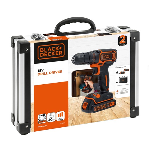 BLACK+DECKER BDCDC18BAFC 18V drill driver kit in black and orange with carry case, illustrated on packaging, front angle.