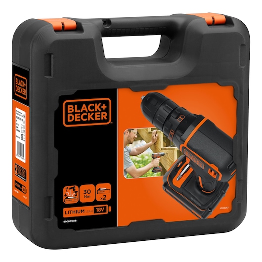 BLACK+DECKER BDCDC18KB cordless drill set in a black and orange carrying case, front angle view.
