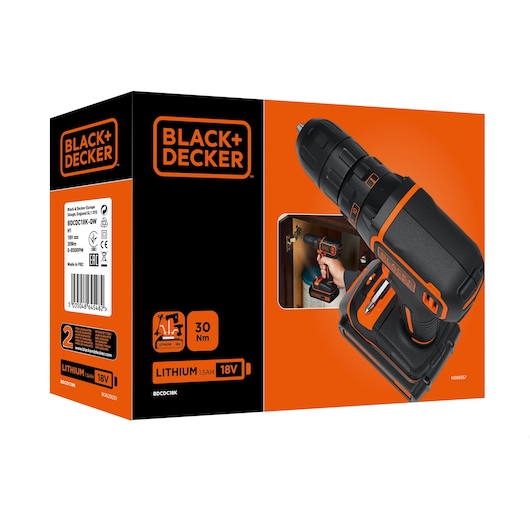 BLACK+DECKER BDCDC18 cordless drill 18V packaging in black and orange with product photo and specs.