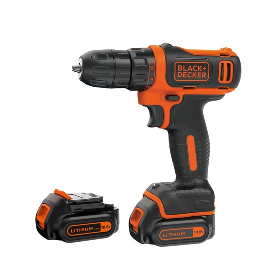BLACK+DECKER cordless drill with a 10.8V lithium battery shown next to a removable battery.