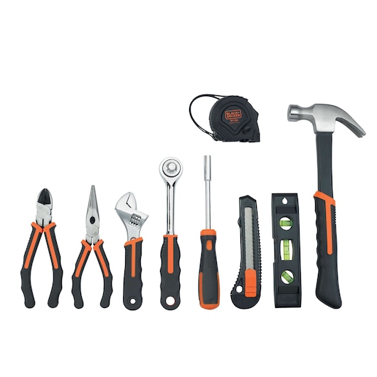 BLACK+DECKER BDCDD12 hand tool set with pliers, wrench, screwdriver, tape measure, cutter, level, and hammer, front view.