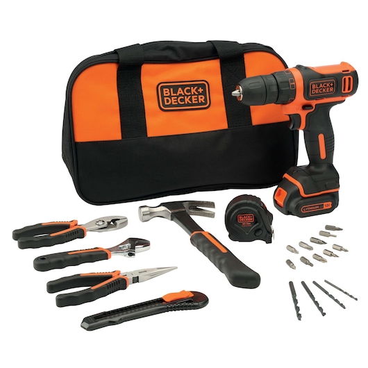 BLACK+DECKER BDCDD12 tool kit with 12V cordless drill, orange and black bag, hand tools, drill bits, and accessories front view.