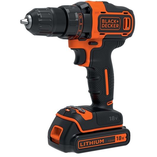 A BLACK+DECKER cordless power drill with an 18V lithium battery. The drill is black and orange, with a textured grip and adjustable settings near the chuck.