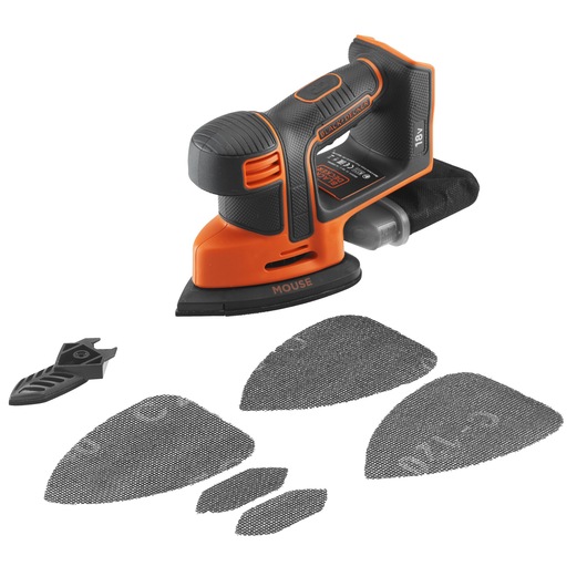 BLACKDECKER BDCDS18N cordless detail sander with black and orange body, five sanding sheets and an accessory, front angle.