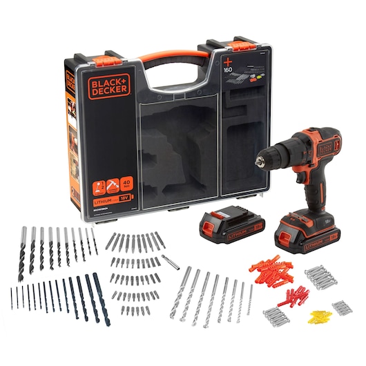 Mașină de găurit cu percuție cu 2 viteze și acumulator cu litiu-ion de 18V cu acumulator suplimentar și 160 de accesorii într-o cutie de depozitare