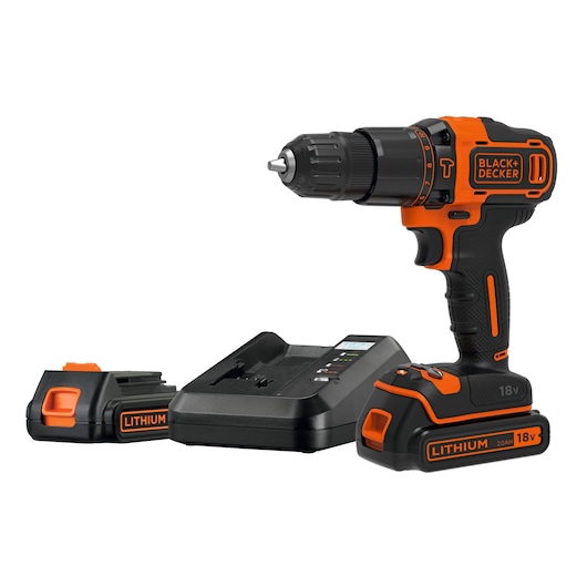 BLACK+DECKER 18V cordless drill with black and orange design, shown with two lithium batteries and a battery charger.