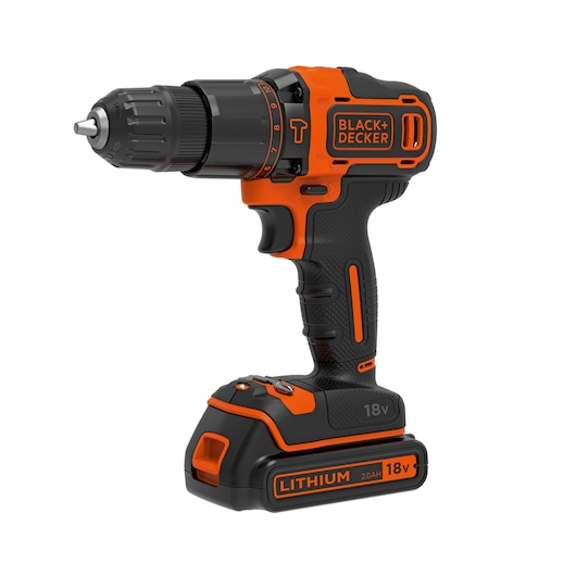 A cordless BLACK+DECKER power drill with an 18V lithium battery, featuring a black and orange design.