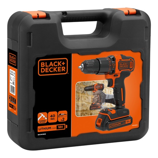 BLACK+DECKER BDCHD18KB cordless hammer drill in black and orange with carry case, product shown on box front angle.