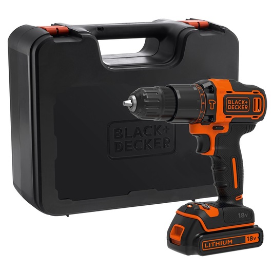 BLACK+DECKER BDCHD18K cordless drill with orange and black design, 18V lithium battery, shown with hard carrying case, front angle.