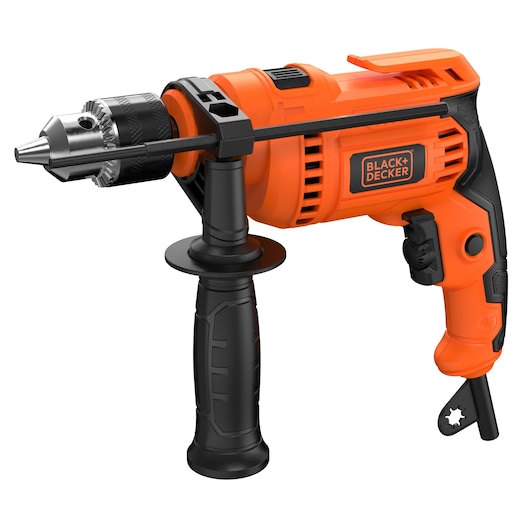 An orange and black BLACK+DECKER electric drill with a side handle and depth gauge, suitable for home and professional use.