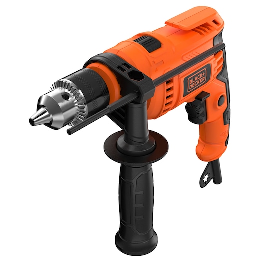 An orange and black BLACK+DECKER electric drill with a side handle and metal chuck, shown against a white background.