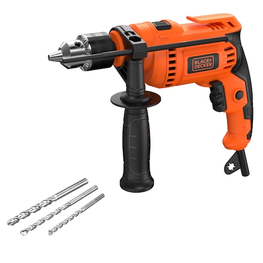 Orange BLACK+DECKER electric drill with handle and three metal drill bits displayed beside it.