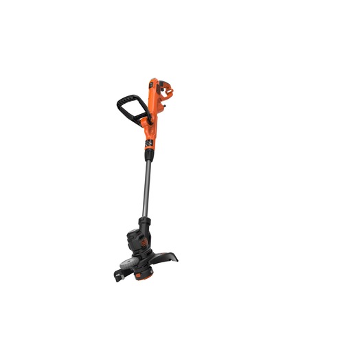 A BLACK+DECKER orange and black electric string trimmer with a long shaft, ergonomic handle, and guard for outdoor lawn and garden maintenance.
