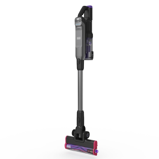 BLACK+DECKER cordless stick vacuum BHFEA640WP, side angle, gray and black with purple and pink accents, on white background.