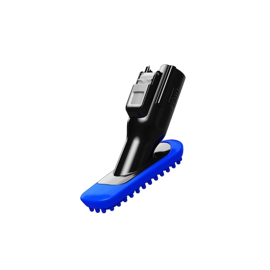 BLACKDECKER BHFEB520D1 handheld scrubber with black body and blue brush attachment, front angle on white background.